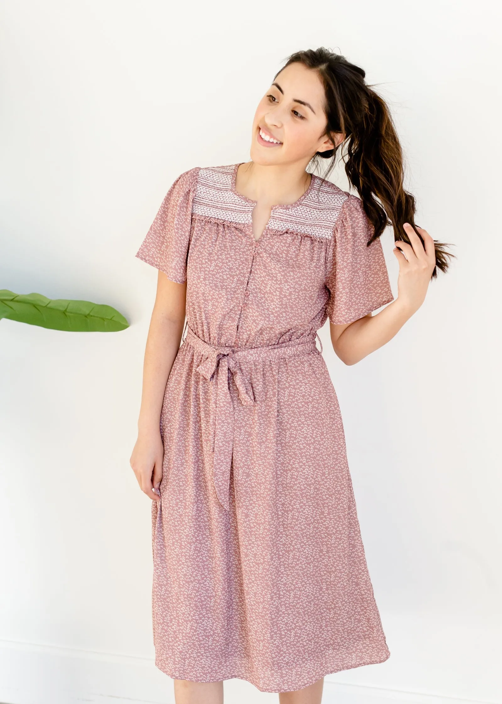 Mauve Smocked Yoke Midi Dress - FINAL SALE