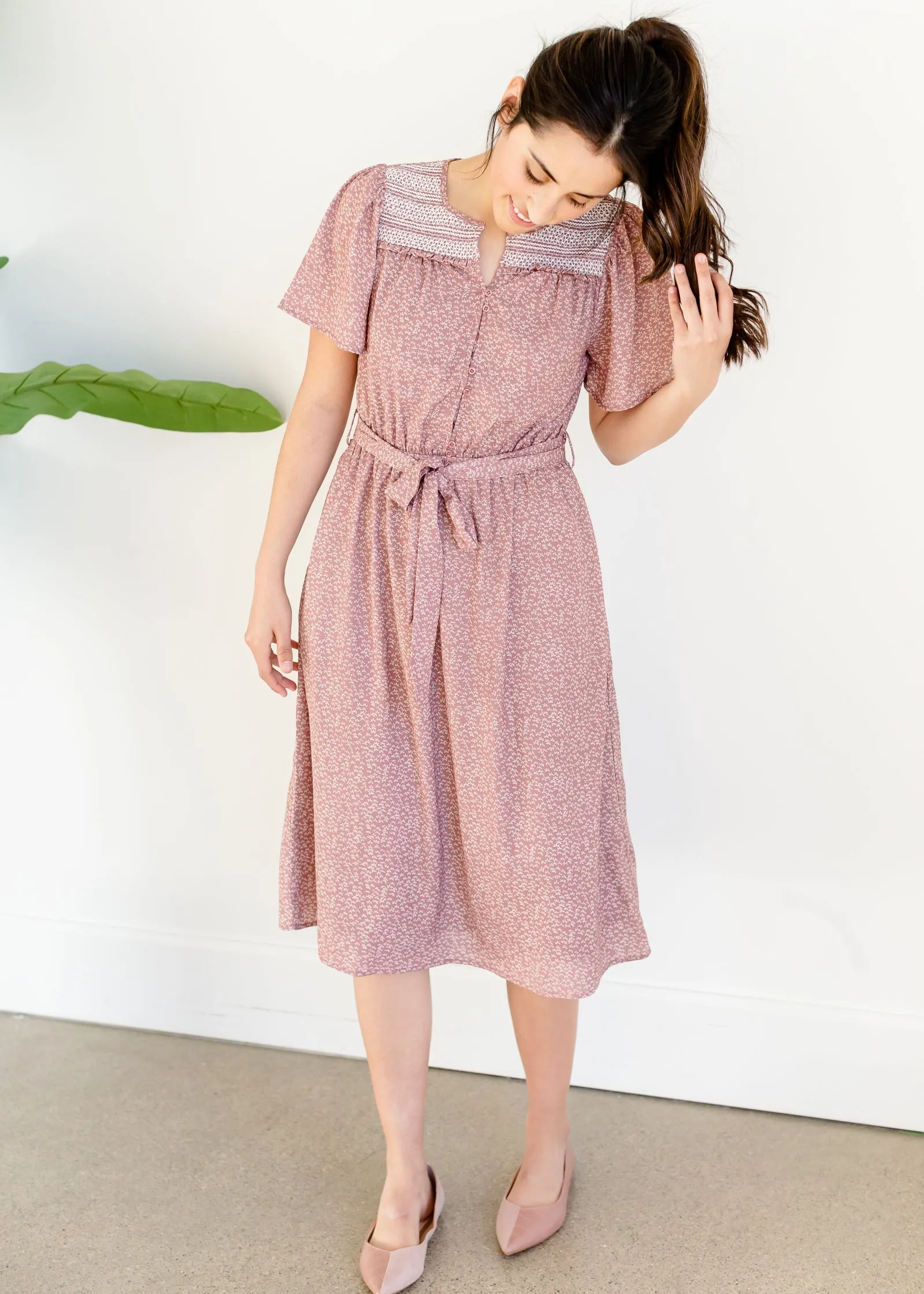 Mauve Smocked Yoke Midi Dress - FINAL SALE