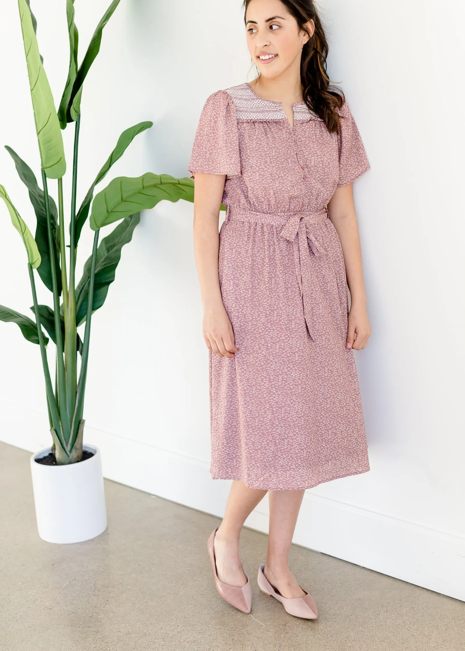Mauve Smocked Yoke Midi Dress - FINAL SALE