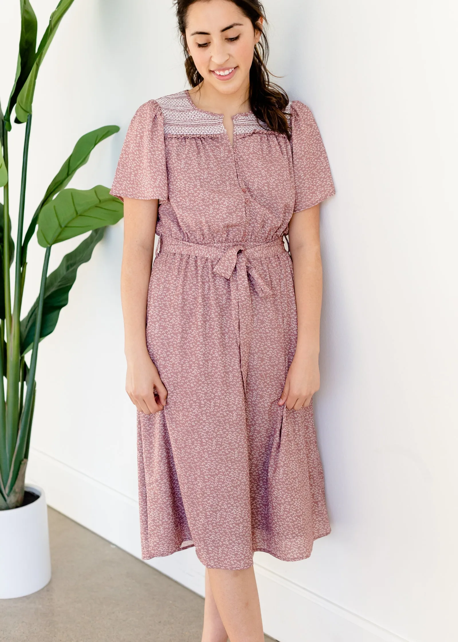 Mauve Smocked Yoke Midi Dress - FINAL SALE
