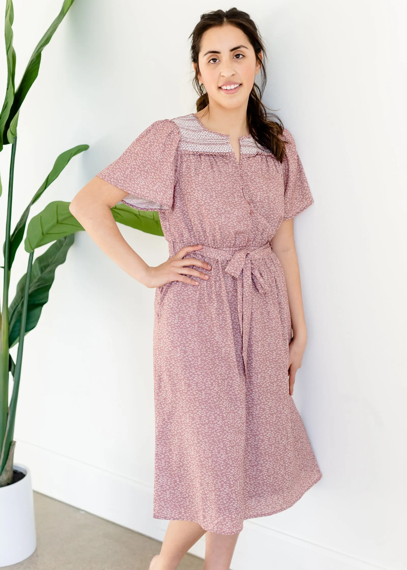 Mauve Smocked Yoke Midi Dress - FINAL SALE