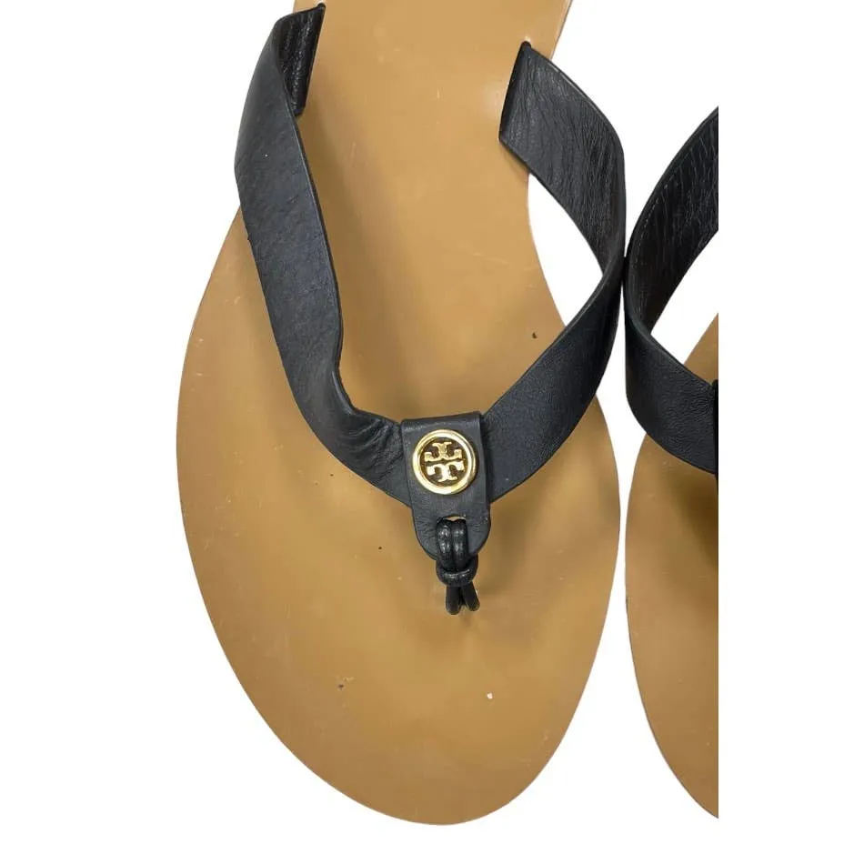 Tory Burch Manon Leather Logo Flip Flop Sandals Size 8 Black