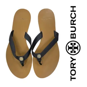 Tory Burch Manon Leather Logo Flip Flop Sandals Size 8 Black