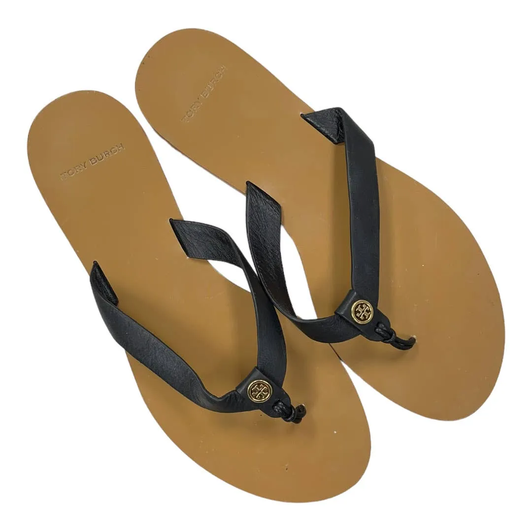 Tory Burch Manon Leather Logo Flip Flop Sandals Size 8 Black