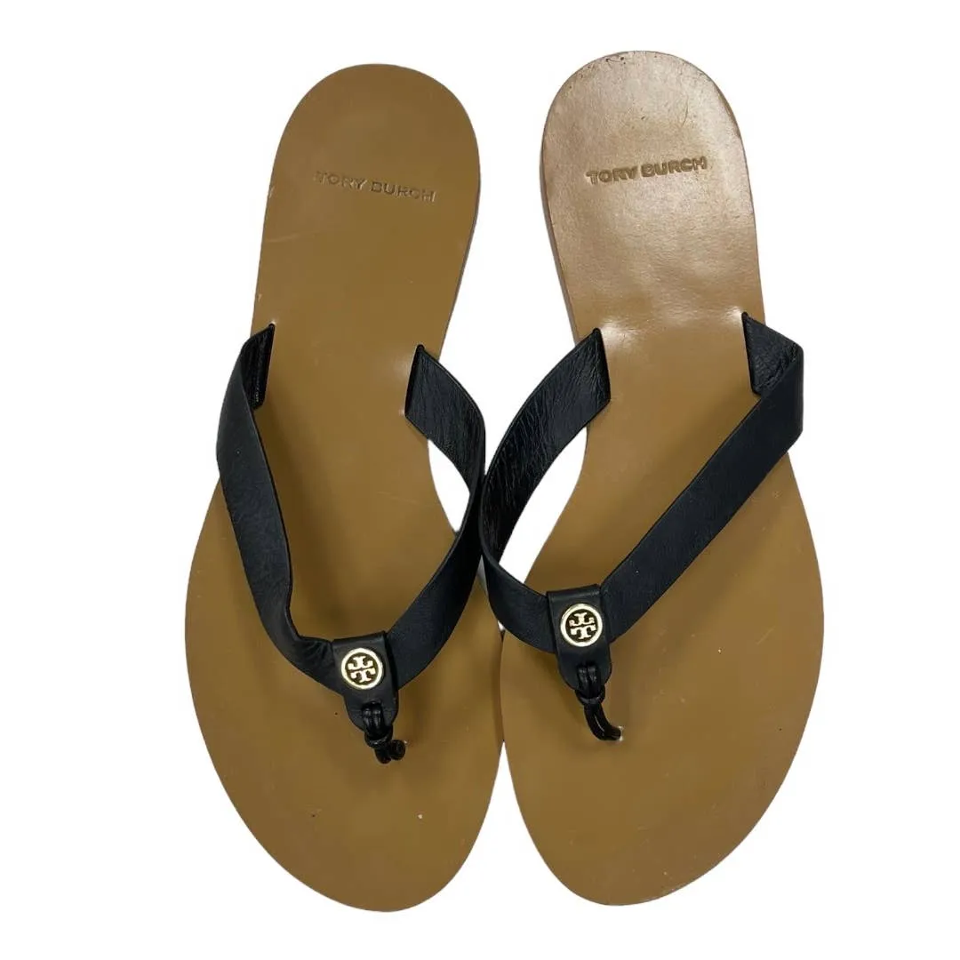 Tory Burch Manon Leather Logo Flip Flop Sandals Size 8 Black