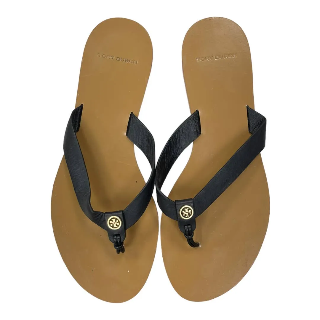 Tory Burch Manon Leather Logo Flip Flop Sandals Size 8 Black